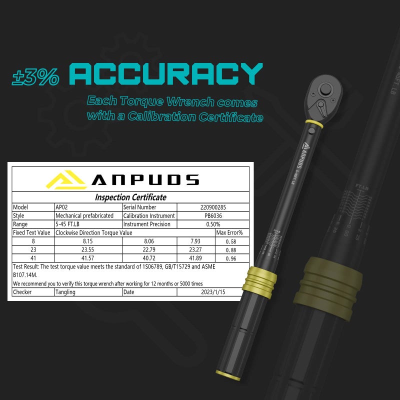 ANPUDS 3/8-Inch Drive Click Torque Wrench (5-45 Ft-Lb / 6.8-61 Nm), Lightweight Aluminum Design, High Precision 72-Tooth Reversible Ratchet for Bicycles, Motorcycles & Auto Engine Maintenance - Image 3