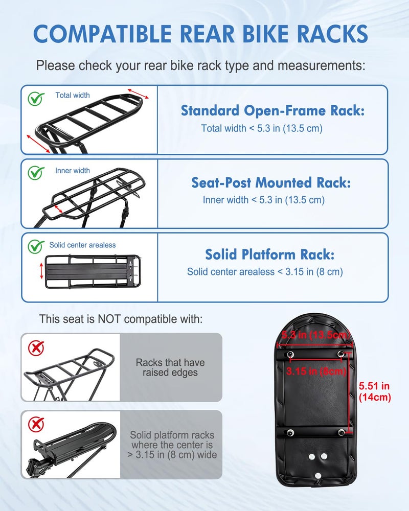 Zacro Kids Bike Seat Set, Comfort Bike Seat with Backrest, Wide Child Bicycle Rear Seat Cushion Back Safety Armrest Handrail Feet Pedals, Children Bicycle Back Seat for Over 5 Years Old - Image 4
