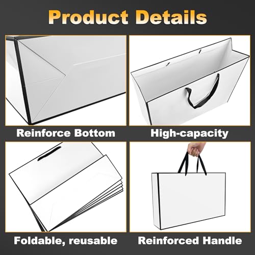 Xloey Extra Large Gift Bags,3Pcs 17"x5.5"x12.6" White and Black Gift Bags with Handles,Kraft Paper Shopping Bags with Ribbon Handles,Gift Wrap Bags for Wedding,Birthday,Christmas,Anniversary (White-3pcs) - Image 3