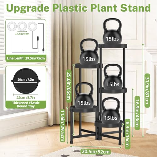 iDavosic.ly 5 Tier Folding Plant Stand Indoor Outdoor with Grow Light, Tiered Corner Flower Holder Shelf with Plastic Tray, Metal Orchid Display Rack for Patio Porch Living Room Garden Balcony, Black - Image 2