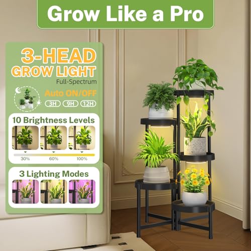 iDavosic.ly 5 Tier Folding Plant Stand Indoor Outdoor with Grow Light, Tiered Corner Flower Holder Shelf with Plastic Tray, Metal Orchid Display Rack for Patio Porch Living Room Garden Balcony, Black - Image 4