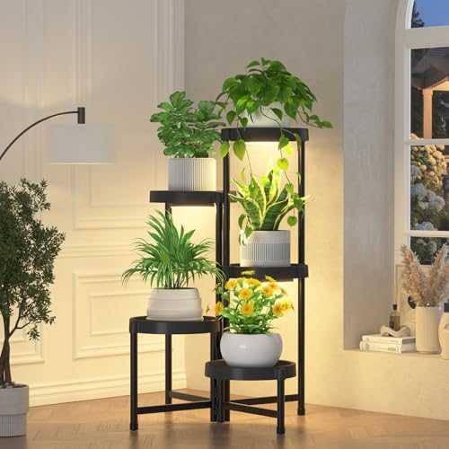 iDavosic.ly 5 Tier Folding Plant Stand Indoor Outdoor with Grow Light, Tiered Corner Flower Holder Shelf with Plastic Tray, Metal Orchid Display Rack for Patio Porch Living Room Garden Balcony, Black - Image 1