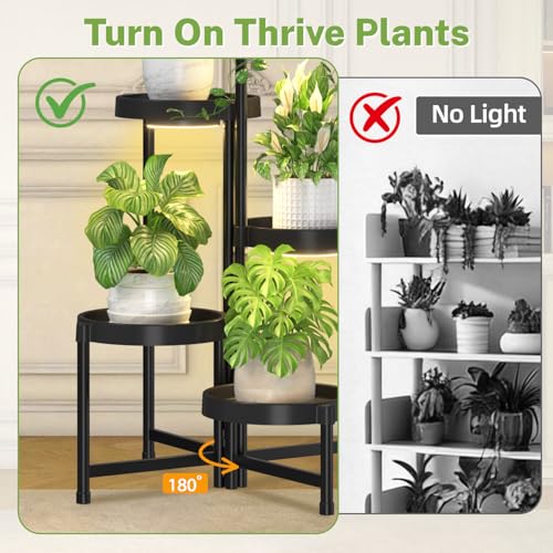 iDavosic.ly 5 Tier Folding Plant Stand Indoor Outdoor with Grow Light, Tiered Corner Flower Holder Shelf with Plastic Tray, Metal Orchid Display Rack for Patio Porch Living Room Garden Balcony, Black - Image 5