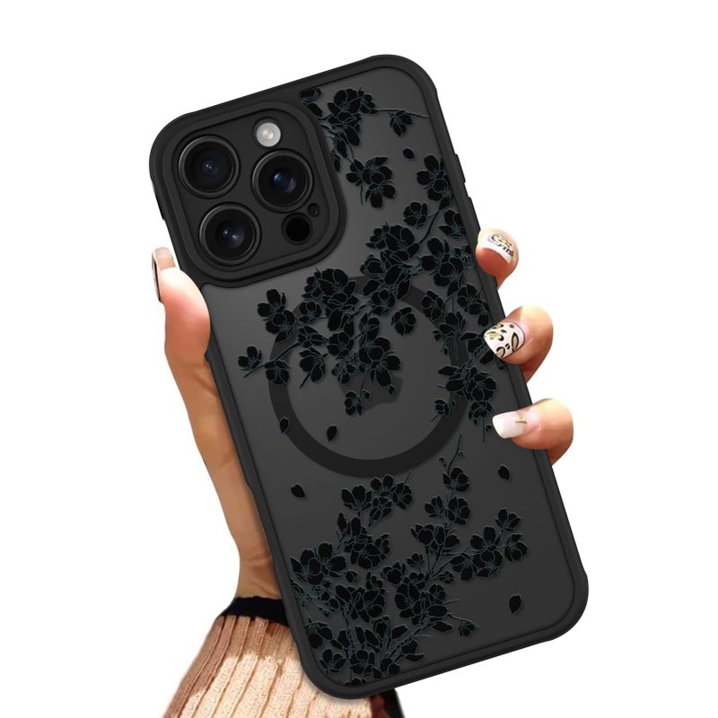 OOK Case for iPhone 16 Pro 6.3 Inch (Compatible with MagSafe) Floral Flowers Design Translucent Phone Cover Soft TPU + Hard PC Anti-Scratch Shockproof Magnetic Cute Case for Women - Black - Image 1