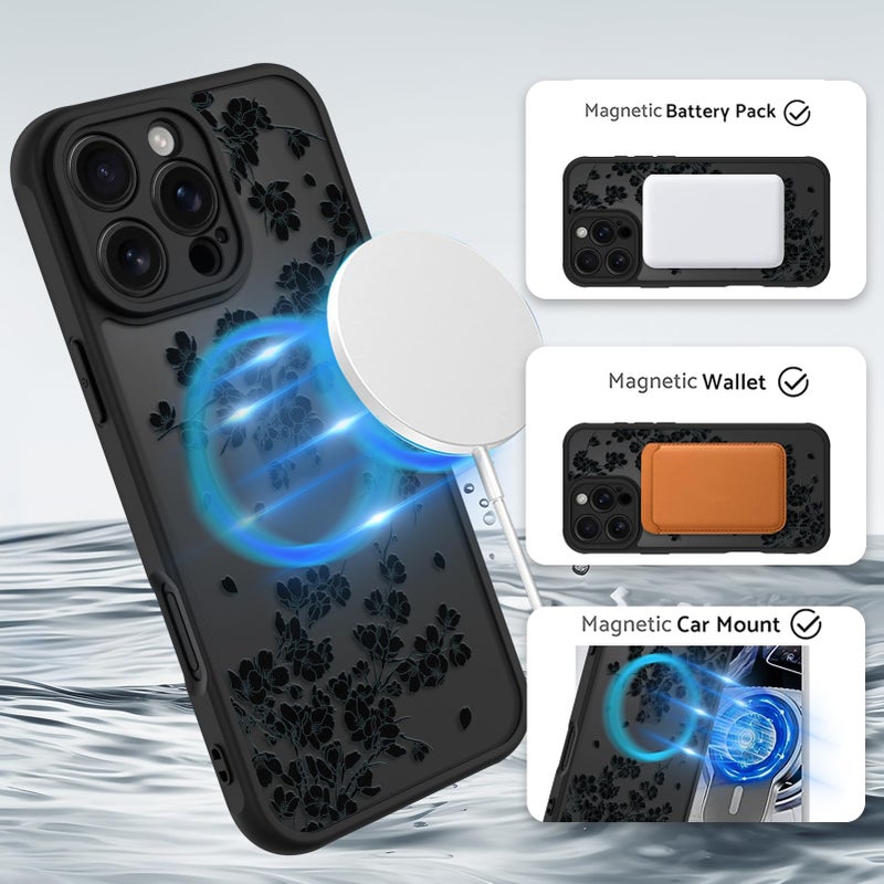 OOK Case for iPhone 16 Pro 6.3 Inch (Compatible with MagSafe) Floral Flowers Design Translucent Phone Cover Soft TPU + Hard PC Anti-Scratch Shockproof Magnetic Cute Case for Women - Black - Image 2