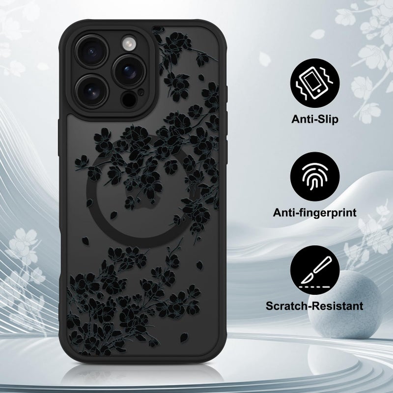 OOK Case for iPhone 16 Pro 6.3 Inch (Compatible with MagSafe) Floral Flowers Design Translucent Phone Cover Soft TPU + Hard PC Anti-Scratch Shockproof Magnetic Cute Case for Women - Black - Image 5