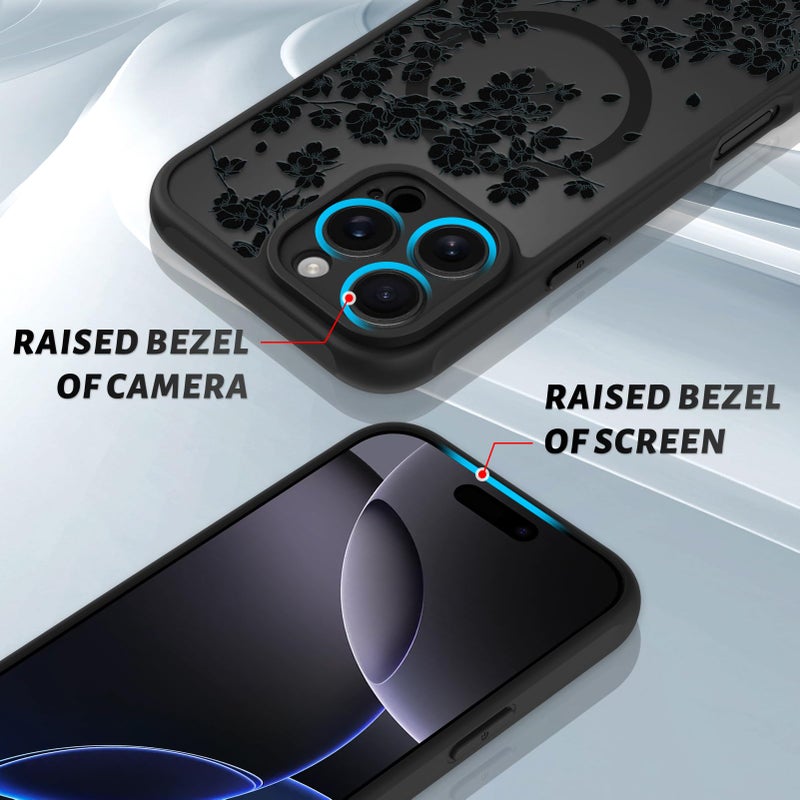 OOK Case for iPhone 16 Pro 6.3 Inch (Compatible with MagSafe) Floral Flowers Design Translucent Phone Cover Soft TPU + Hard PC Anti-Scratch Shockproof Magnetic Cute Case for Women - Black - Image 3