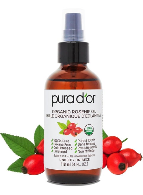 زيت بذور ثمر ورد عضوي من بيورا دور 118 مل 100% نقي معصور بعلى البارد معتمد إدارة الزراعة الأمريكية علاج مرطب طبيعي تمامًا مضاد لشيخوخة الوجه/الشعر/البشرة/الأظافر للجنسين قد يختلف التغليف