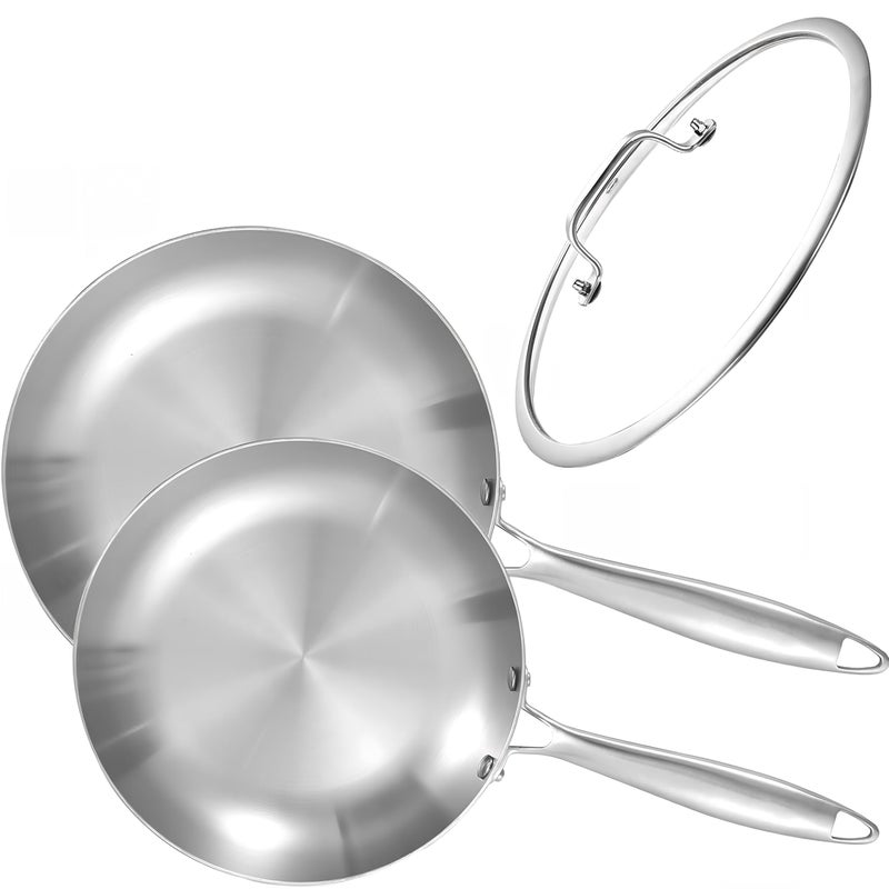 LOLYKITCH 8510 Inch Triply Stainless Steel Frying Pan Set with LidSkilletsInduction CookwareDishwasher and Oven Safe