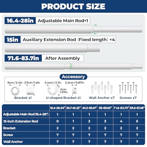 Mavivegue Closet Rod, 17 to 84 Inch Adjustable Closet Rods for Hanging Clothes, White, Hanging Rod for Closet Wardrobes Laundry RV, Bathroom - Image 2