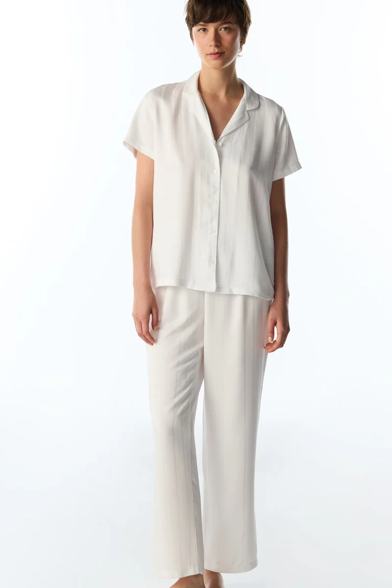 بنتي PENTI Broken Sophia Satin Striped Short Sleeve Shirt Trousers Pajama Set