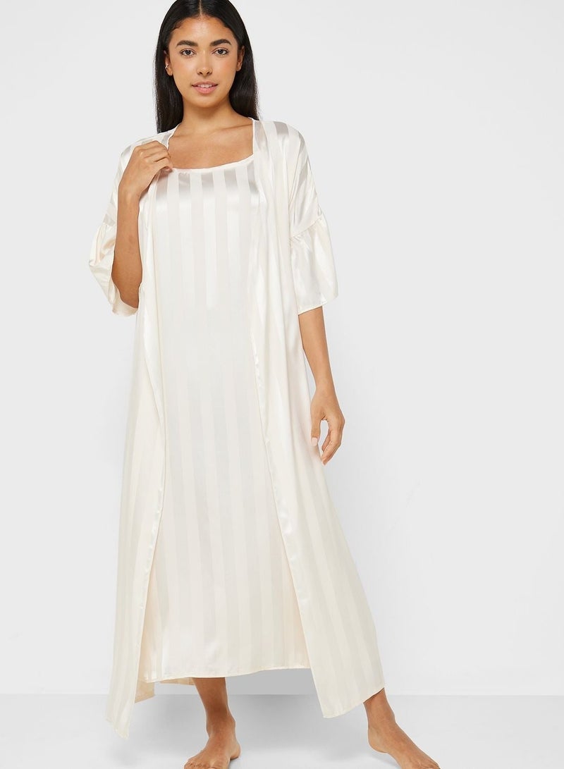NIBEMINENT 2 Piece Stripe Pyjama Set Night Robe & Dress  - Image 1