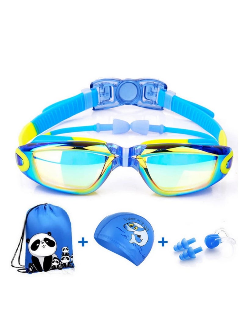 Swim Goggles Set Kids Swimming Goggles for Boys and Girls Adjustable Straps Silicone Eye Seal Leak proof UV Protection and Anti Fog Lenses Swimming Goggles with Ear Plug Nose Clip(Age 4-12) Blue - Image 1