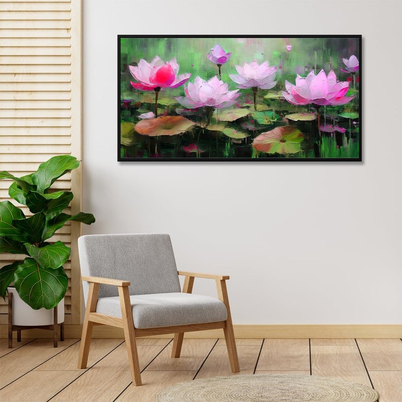 999STORE 999STORE Pink Lotus Flowers With Lotus Pond Modern Art Canvas Wall Painting Lotus Flower Paintings For Living Room Canvas Framed_24X48 Inches BoxF24X48127 