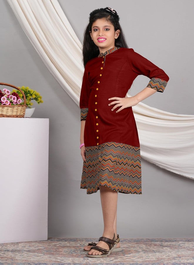 Yash Gallery Kids Rayon Zig-Zag Printed 3/4th Sleeve Mandarin Collar A-line Kurta (Maroon, 7-8) - Image 3