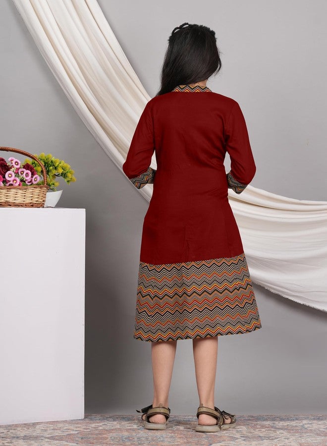 Yash Gallery Kids Rayon Zig-Zag Printed 3/4th Sleeve Mandarin Collar A-line Kurta (Maroon, 7-8) - Image 4