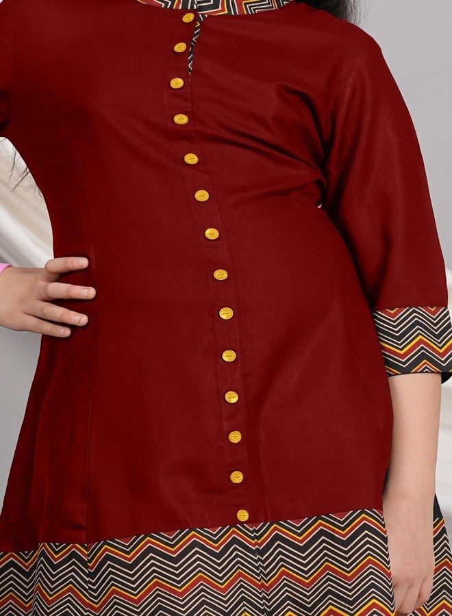 Yash Gallery Kids Rayon Zig-Zag Printed 3/4th Sleeve Mandarin Collar A-line Kurta (Maroon, 7-8) - Image 5