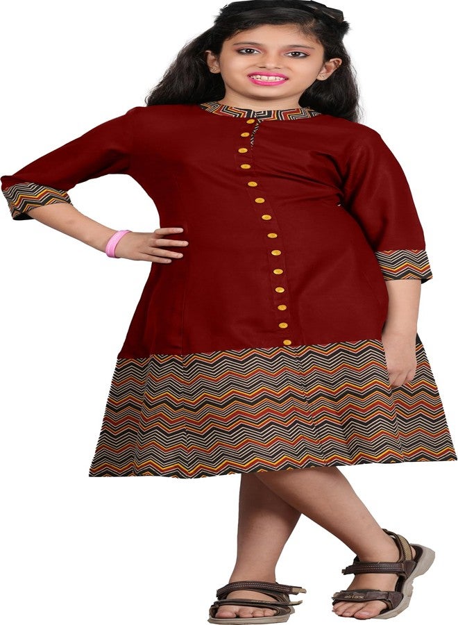 Yash Gallery Kids Rayon Zig-Zag Printed 3/4th Sleeve Mandarin Collar A-line Kurta (Maroon, 7-8) - Image 1