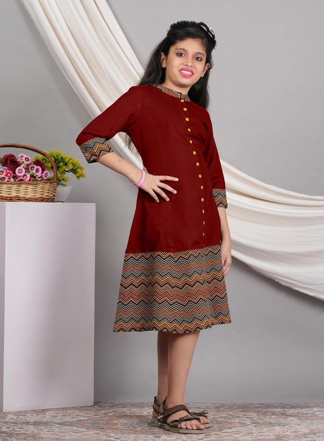 Yash Gallery Kids Rayon Zig-Zag Printed 3/4th Sleeve Mandarin Collar A-line Kurta (Maroon, 7-8) - Image 2