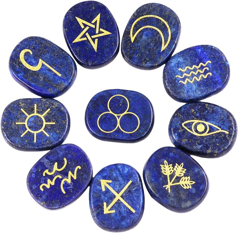 SUNYIK Natural Engraved Runes Stone Set of 10, Gypsy Symbols Healing Crystal Reiki Pocket Palm Stones Kit for Meditation Divination, Lapis Lazuli