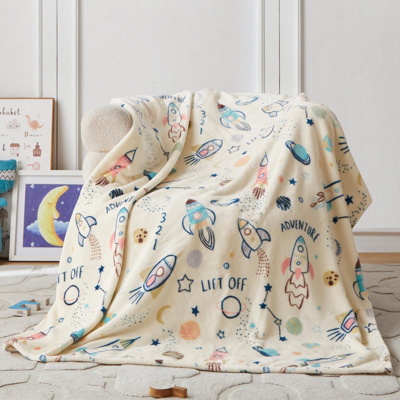 COOVA Kids Throw Blanket 50x60 Inch - Cartoon Fleece Throw, Toys for 2 3 4 5 6 7 8 9 10 11 12 Year Old Girl and boy Gifts, Soft Kids Blankets for Christmas Halloween Birthday Gifts,Spaceship Beige - Image 1