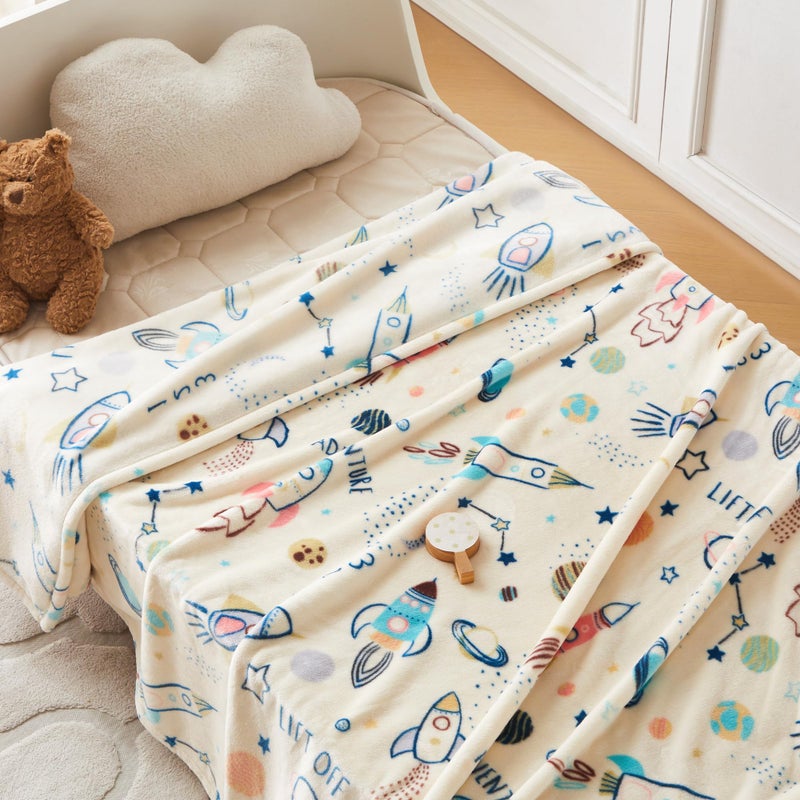COOVA Kids Throw Blanket 50x60 Inch - Cartoon Fleece Throw, Toys for 2 3 4 5 6 7 8 9 10 11 12 Year Old Girl and boy Gifts, Soft Kids Blankets for Christmas Halloween Birthday Gifts,Spaceship Beige - Image 3