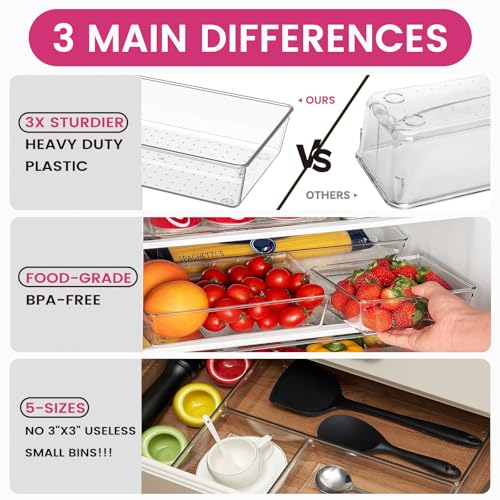 Criusia 26 Pack Large Clear Plastic Drawer Organizer Bins -5 Size Heavy Duty Acrylic Kitchen Drawer Organizers and Storage for Utensils -Bathroom Drawer Organizer Trays for Makeup Office Organization - Image 4
