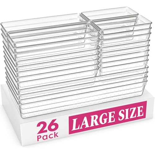 Criusia 26 Pack Large Clear Plastic Drawer Organizer Bins -5 Size Heavy Duty Acrylic Kitchen Drawer Organizers and Storage for Utensils -Bathroom Drawer Organizer Trays for Makeup Office Organization - Image 1