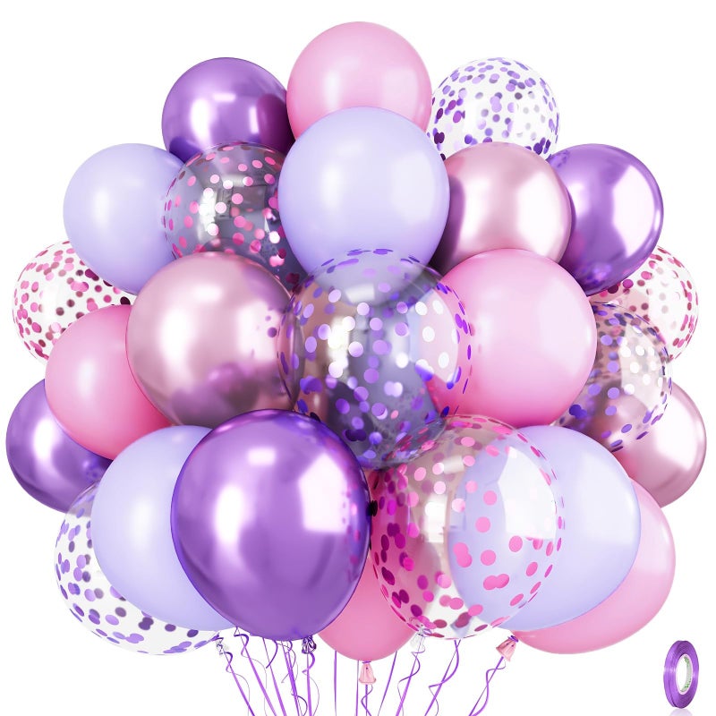 Isndare Pastel Pink and Purple Balloons, 12 Inch Metallic Purple Lilac Pink Confetti Balloons Set for Girls Women Kpop Butterfly Birthday Baby Bridal Shower Wedding Princess Disco Music Party Decorations - Image 1