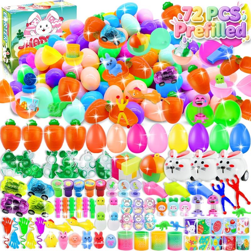Pistroy 72 Pack Prefilled Easter Eggs with Toys Inside, Plastic Eggs Fillers Basket Stuffers with Surprise Carrot Eggs Hunt Games Party Favors Save Time Gifts - Image 1