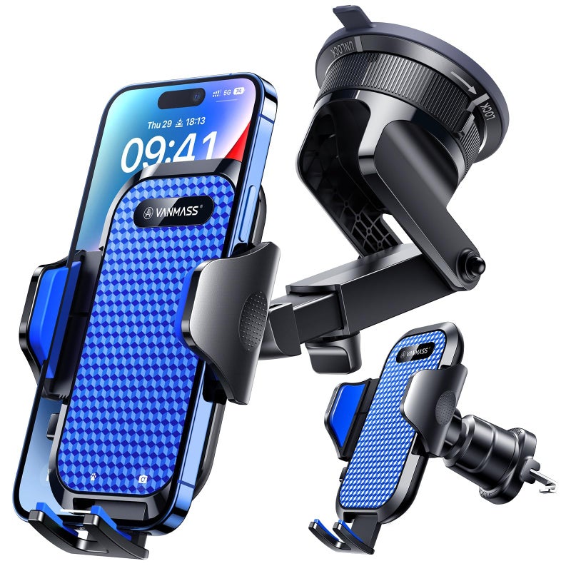 VANMASS [True Military-Grade] Car Phone Holder [Best Suction & Clip] Cell Phone Mount for Dashboard Windshield Vent Truck Cradle Dash Stand for iPhone 15 Pro Max 14 13 12 Android, Blue - Image 1