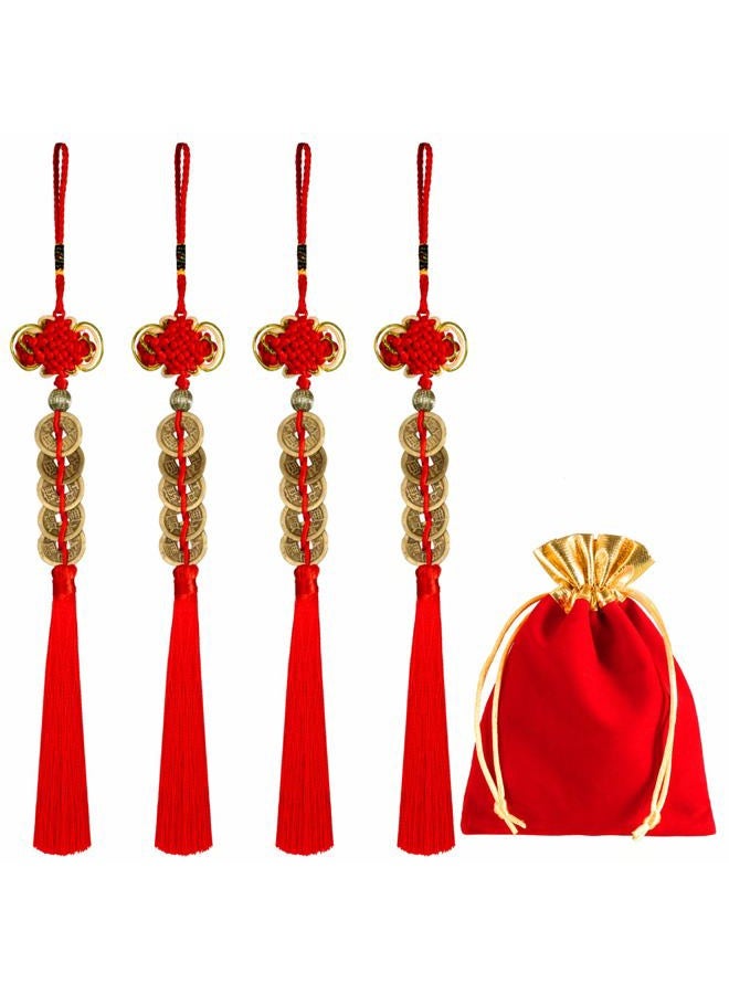 BOAO 4 Pieces Chinese Knot Lucky Coins Feng Shui Coins I-Ching Fortune for Good Luck and Healthy with Storage Bags - Image 1