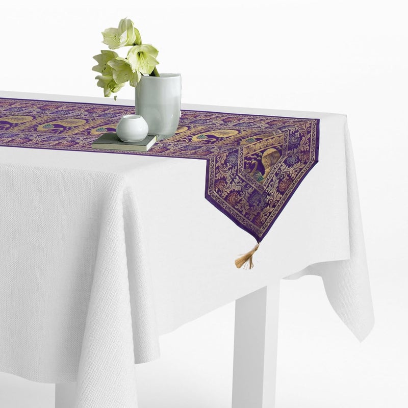 E - Ezra E Ezra Home Decor Silk Table Runner Brocade Long Runner V Shape Peacock Table Cloth 4 6 Seater Dinning Table 70 by 12 in Purple - Image 3