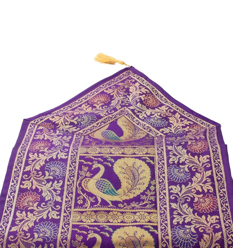 E - Ezra E Ezra Home Decor Silk Table Runner Brocade Long Runner V Shape Peacock Table Cloth 4 6 Seater Dinning Table 70 by 12 in Purple - Image 2