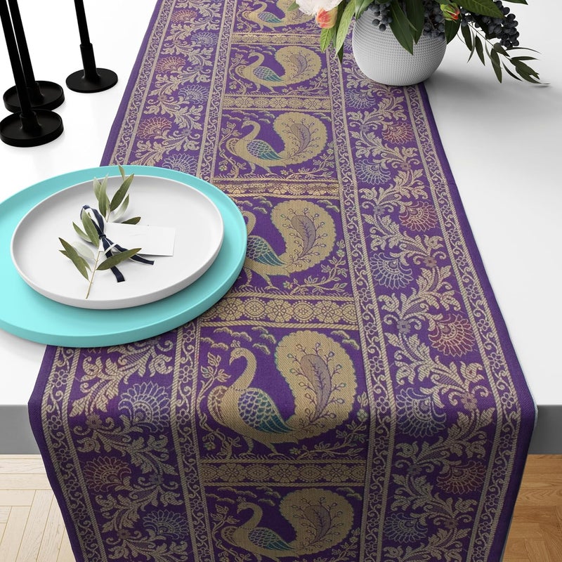 E - Ezra E Ezra Home Decor Silk Table Runner Brocade Long Runner V Shape Peacock Table Cloth 4 6 Seater Dinning Table 70 by 12 in Purple - Image 1