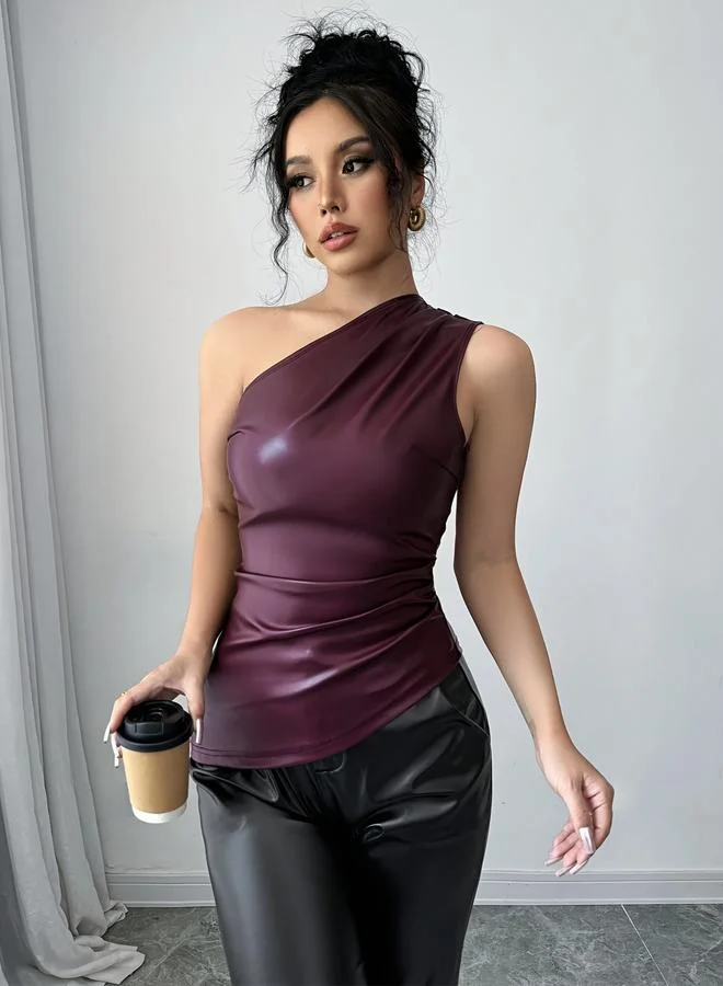 Take Two Burgundy Solid One Shoulder Neck Top