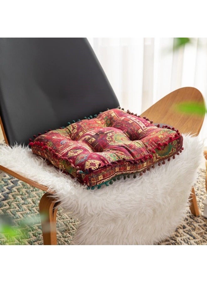 KYD - Bohemian Patchwork Square Chair Seat Cushions for Dining Kitchen Office Chairs Patio Soft Cotton Linen Chair Pads 42x42 cm Red - Image 1