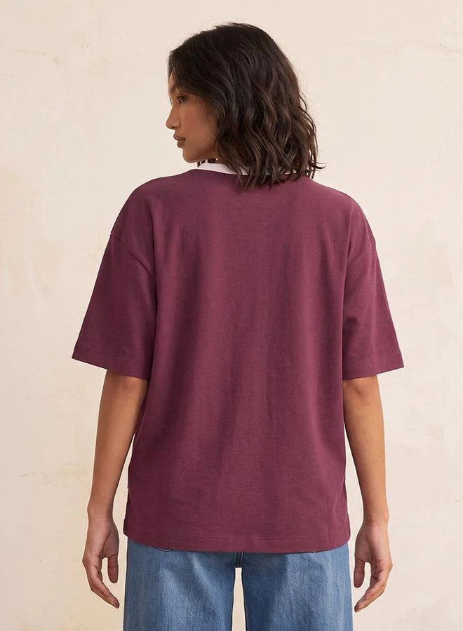 Lee Cooper RED Lee Cooper V-neck Short Sleeves Embroidered T-shirt for Women | Best Price UAE