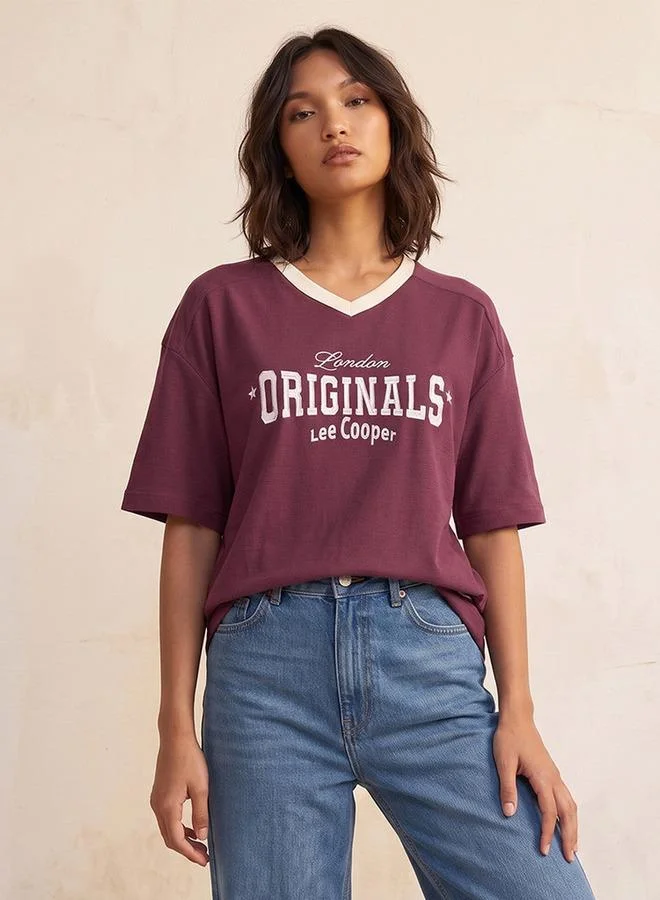 Lee Cooper RED Lee Cooper V-neck Short Sleeves Embroidered T-shirt for Women | Best Price UAE