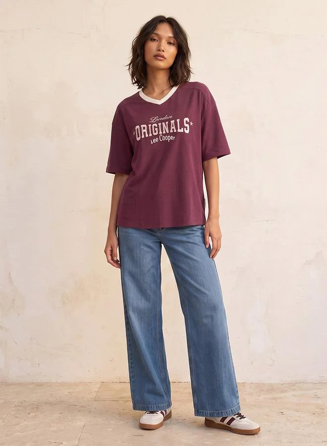 Lee Cooper RED Lee Cooper V-neck Short Sleeves Embroidered T-shirt for Women | Best Price UAE