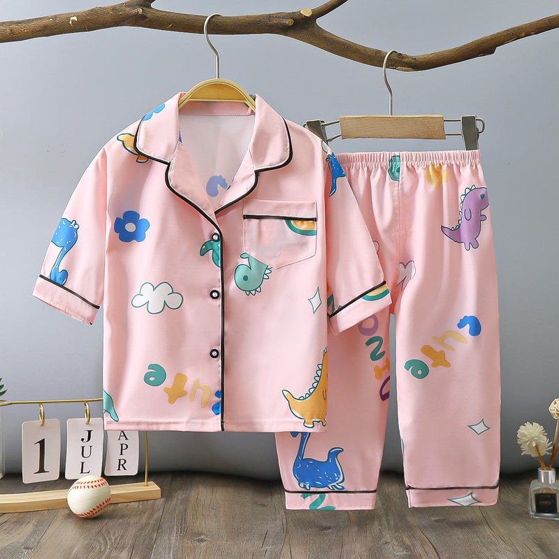 2024 Kids Summer Pajamas Thin Two-Piece Set Dinosaur on Foundation 