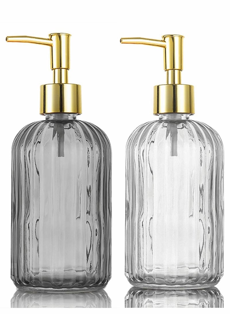 Versatile Glass Soap Dispenser Bottle with Pump 14 Oz Dripless Refillable Liquid Hand Jar for Bathroom Countertop Kitchen Laundry Room 2 Pack