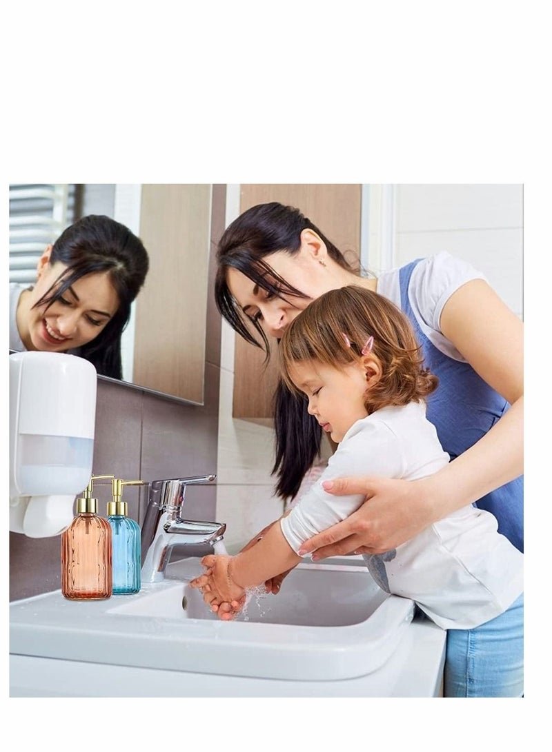 Versatile Glass Soap Dispenser Bottle with Pump 14 Oz Dripless Refillable Liquid Hand Jar for Bathroom Countertop Kitchen Laundry Room 2 Pack