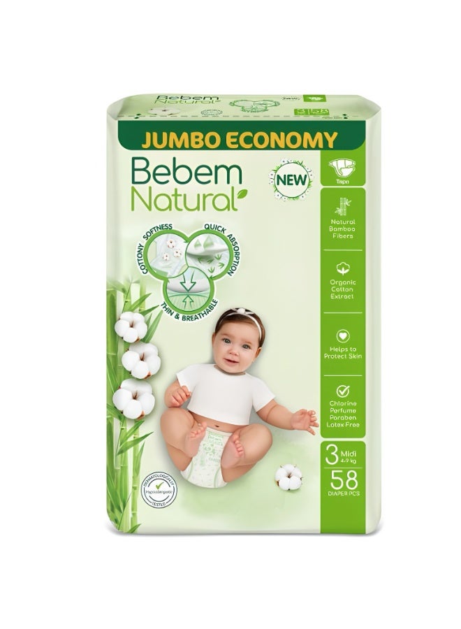 Baby Diapers from Bebem Naturals, Size 3, 58 Pieces