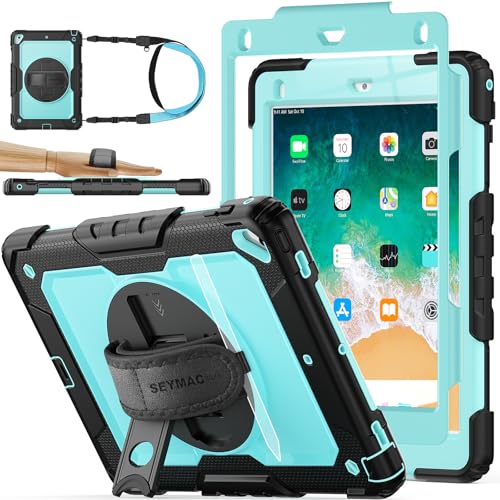 SEYMAC stock Case for iPad 6th / 5th Generation Case/Air 2 / Pro 9.7 inch, Heavy Duty Protective with Screen Protector, with Pencil Holder, Hand Strap, Shoulder Strap, 360 Rotate Stand, SkyBlue+Black - Image 1