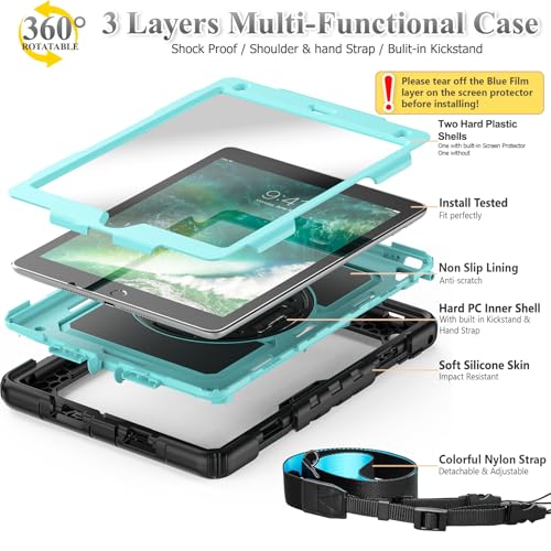 SEYMAC stock Case for iPad 6th / 5th Generation Case/Air 2 / Pro 9.7 inch, Heavy Duty Protective with Screen Protector, with Pencil Holder, Hand Strap, Shoulder Strap, 360 Rotate Stand, SkyBlue+Black - Image 5