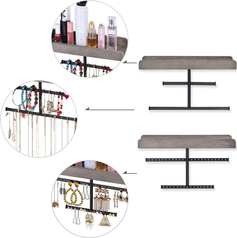 Keebofly Hanging Wall Mounted Jewelry Organizer with Rustic Wood Jewelry Holder Display for Necklaces Bracelet Earrings Ring Set of 2 Weathered Grey,[Patented] - Image 3