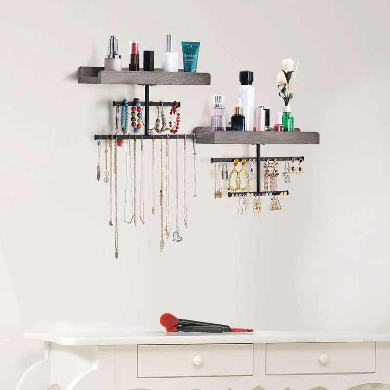 Keebofly Hanging Wall Mounted Jewelry Organizer with Rustic Wood Jewelry Holder Display for Necklaces Bracelet Earrings Ring Set of 2 Weathered Grey,[Patented] - Image 4