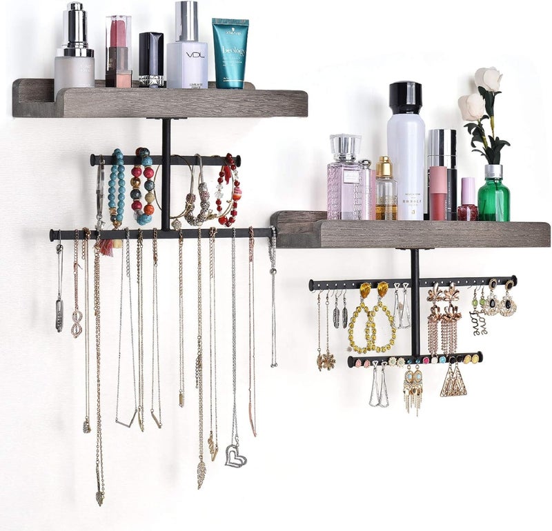 Keebofly Hanging Wall Mounted Jewelry Organizer with Rustic Wood Jewelry Holder Display for Necklaces Bracelet Earrings Ring Set of 2 Weathered Grey,[Patented] - Image 1