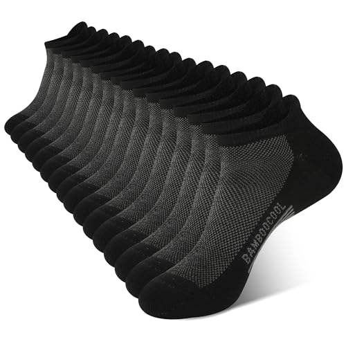 BAMBOO COOL جوارب كول للرجال من الخيزران، جوارب كاحل رياضية مبطنة، مقاومة للرطوبة، جوارب جري مع دعم للقوس، قابلة للتنفس، مع لسان كعب، عبوة 8 قطع باللون الأسود - Image 1